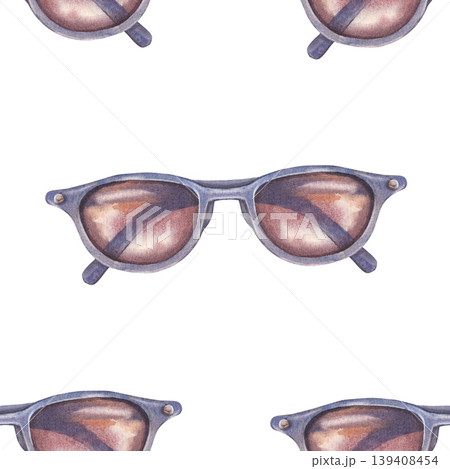 Blue sunglasses with brown lenses seamless pattern. Hand-painted watercolor illustration isolated on white for fashion, traveling branding, printing on textile, packaging, posters, stationary, decor 139408454