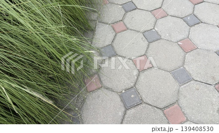Horizontal top view shows octagonal pavement tiles with red, dark grey diamond accents. Long green grass borders the textured concrete walkway. Great for urban landscaping, garden design projects. Horizontal top view shows octagonal pavement tiles with red, dark grey diamond accents. Long green grass borders the textured concrete walkway. Great for urban landscaping, garden design projects. 139408530
