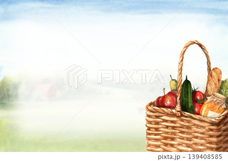 A basket of farm produce with a rural background. A horizontal watercolor background for a poster, announcement, or card. A basket of farm produce with a rural background. A horizontal watercolor background for a poster, announcement, or card. 139408585