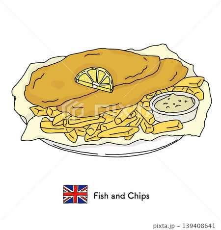 イギリス名物フィッシュアンドチップスの盛り付け|魚料理 フライ ポテト イギリス名物フィッシュアンドチップスの盛り付け|魚料理 フライ ポテト 139408641