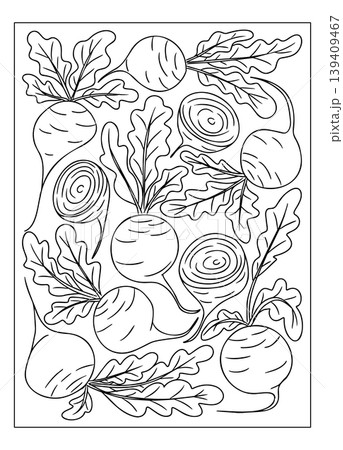 Black and white illustration of various radishes with leafy greens, featuring round and elongated shapes, arranged in a decorative pattern on a blank background 139409467