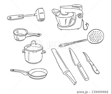 Illustrated kitchen tools and appliances displayed in a minimalist design, featuring a mixer, pots, knives, and measuring utensils on a clean white background Illustrated kitchen tools and appliances displayed in a minimalist design, featuring a mixer, pots, knives, and measuring utensils on a clean white background 139409468