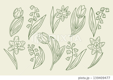 Hand-drawn floral illustration featuring various flowers including tulips and lilies of the valley, arranged in a decorative pattern on a light background Hand-drawn floral illustration featuring various flowers including tulips and lilies of the valley, arranged in a decorative pattern on a light background 139409477