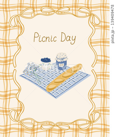 Illustration of a picnic day scene featuring a blue checkered blanket, a loaf of bread, a jar of jam, and flowers on a light background with decorative borders 139409478