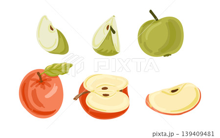 Illustration of various apple types including whole, sliced, and cross-section views showcasing green and red apples with visible seeds and leaves Illustration of various apple types including whole, sliced, and cross-section views showcasing green and red apples with visible seeds and leaves 139409481