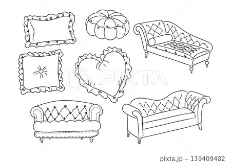 Collection of hand-drawn decorative cushions and sofas in various shapes and styles, including heart, round, and rectangular designs with intricate detailing Collection of hand-drawn decorative cushions and sofas in various shapes and styles, including heart, round, and rectangular designs with intricate detailing 139409482