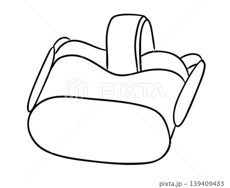 Outline illustration of a virtual reality headset with adjustable straps and padded sections, designed for immersive gaming and entertainment experiences Outline illustration of a virtual reality headset with adjustable straps and padded sections, designed for immersive gaming and entertainment experiences 139409483
