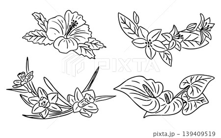 Floral illustration showcases hibiscus, jasmine, and tropical leaves arranged artistically, ideal for various design applications and botanical themes Floral illustration showcases hibiscus, jasmine, and tropical leaves arranged artistically, ideal for various design applications and botanical themes 139409519