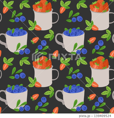 Colorful illustration of cups with strawberries and blueberries, complemented by carrots and green leaves, creating a vibrant pattern on a dark backdrop Colorful illustration of cups with strawberries and blueberries, complemented by carrots and green leaves, creating a vibrant pattern on a dark backdrop 139409524