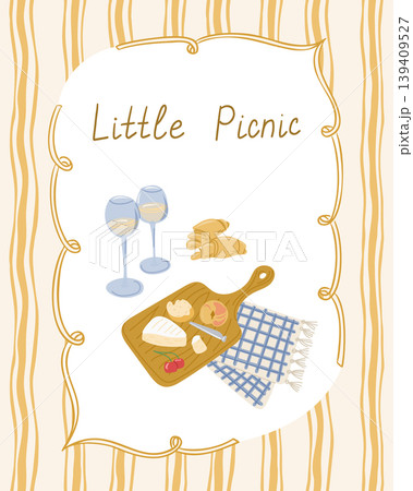 Illustration of a picnic scene featuring a wooden serving board with cheese, bread, and fruit, accompanied by two glasses of drink on a checkered cloth Illustration of a picnic scene featuring a wooden serving board with cheese, bread, and fruit, accompanied by two glasses of drink on a checkered cloth 139409527