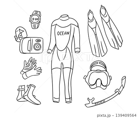 Diving equipment illustration featuring wetsuit, fins, snorkel, mask, gloves, watch, and underwater camera arranged on a white background for water sports enthusiasts 139409564