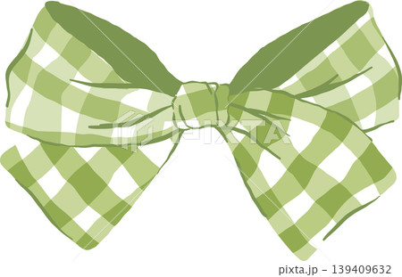 Green Sage Gingham Bow Whimsical Illustraion 139409632