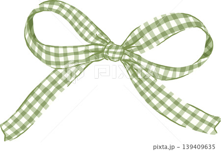 Cute Green Sage Gingham Ribbon Bow Whimsical Illustraion Cute Green Sage Gingham Ribbon Bow Whimsical Illustraion 139409635