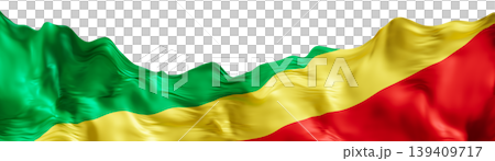 The national flag of the Republic of the Congo appears on a clear background. It shows the colors green, yellow, and red in a smooth design. The flag serves as a symbol of national pride and heritage 139409717