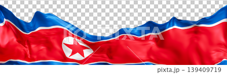 The national flag design of North Korea is displayed on a smooth clear background. The flag features bold colors in a 3D format, enhancing its recognizable design The national flag design of North Korea is displayed on a smooth clear background. The flag features bold colors in a 3D format, enhancing its recognizable design 139409719