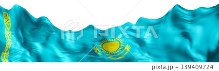 Kazakhstan national flag is shown in a clear scene. The flag has a blue color with a yellow sun and eagle emblem. It is positioned at the bottom of the layout, creating a vibrant look 139409724