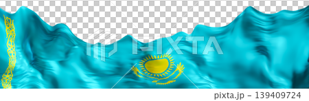 Kazakhstan national flag is shown in a clear scene. The flag has a blue color with a yellow sun and eagle emblem. It is positioned at the bottom of the layout, creating a vibrant look 139409724