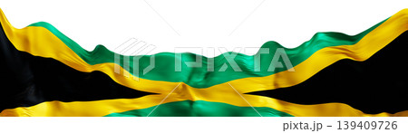 National flag of Jamaica is shown with clear background. The flag features green, yellow, and black, highlighting its unique design. It is designed with a 3D render to show depth 139409726