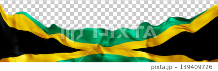 National flag of Jamaica is shown with clear background. The flag features green, yellow, and black, highlighting its unique design. It is designed with a 3D render to show depth 139409726