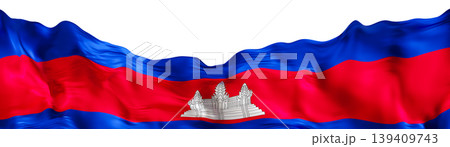 The flag of Cambodia features three horizontal stripes, red at the top and bottom with a blue band in the center. The center has a white outline of Angkor Wat, symbolizing Cambodia's heritage 139409743