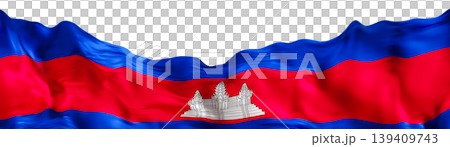 The flag of Cambodia features three horizontal stripes, red at the top and bottom with a blue band in the center. The center has a white outline of Angkor Wat, symbolizing Cambodia's heritage 139409743