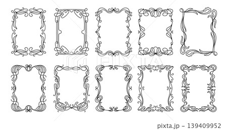 Art nouveau line frames and decorative borders vector set, vintage monochrome ornaments with floral swirls and leaf details for invitations, certificates, cards or menu design Art nouveau line frames and decorative borders vector set, vintage monochrome ornaments with floral swirls and leaf details for invitations, certificates, cards or menu design 139409952