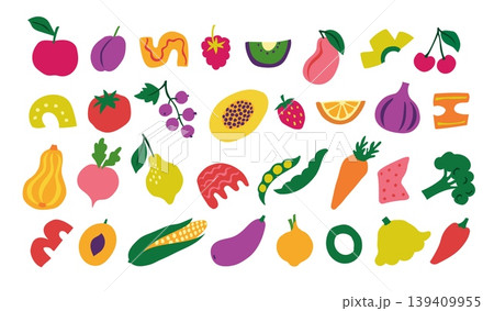Fruits and vegetables vector set with colorful healthy food icons, flat collection of fresh organic produce including apple, tomato, carrot, broccoli, corn and berry illustrations Fruits and vegetables vector set with colorful healthy food icons, flat collection of fresh organic produce including apple, tomato, carrot, broccoli, corn and berry illustrations 139409955