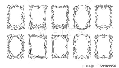 Art nouveau frames and decorative borders vector set, vintage ornate line ornaments with floral swirls and filigree, monochrome outline templates for invitation or certificate design Art nouveau frames and decorative borders vector set, vintage ornate line ornaments with floral swirls and filigree, monochrome outline templates for invitation or certificate design 139409956
