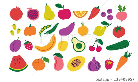 Fruits and vegetables vector set with colorful healthy food icons, flat collection of organic fresh produce including apple, banana, tomato, carrot, avocado and berry illustrations Fruits and vegetables vector set with colorful healthy food icons, flat collection of organic fresh produce including apple, banana, tomato, carrot, avocado and berry illustrations 139409957