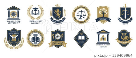 University and college emblems with academic shields, vintage vector set of education badges featuring law, arts, science and community symbols in gold and navy heraldic style 139409964