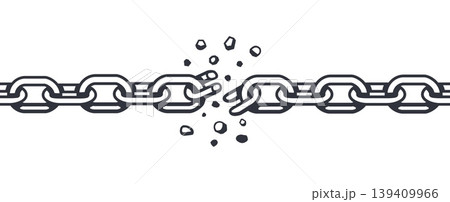 Broken chain links with snapping metal connection, monochrome vector illustration of rupture and freedom symbol, bold line design for tattoo, liberation, resilience or breakup concept Broken chain links with snapping metal connection, monochrome vector illustration of rupture and freedom symbol, bold line design for tattoo, liberation, resilience or breakup concept 139409966