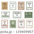 Eco labels and stickers for organic packaging, vintage vector set of natural product tags and compostable badges with recyclable, vegan and sustainable branding designs 139409967