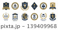 University and college emblems with academic shields, badges and seals, premium education vector set featuring book, owl, torch, laurel wreath, crown and lion symbols 139409968