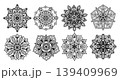 Mandala ornament vector set with floral rosettes, lace arabesque flowers and intricate monochrome medallions 139409969