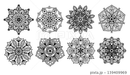 Mandala ornament vector set with floral rosettes, lace arabesque flowers and intricate monochrome medallions Mandala ornament vector set with floral rosettes, lace arabesque flowers and intricate monochrome medallions 139409969