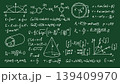 Blackboard with math and science formulas, chalk handwritten equations, geometry, chemistry and physics diagrams on green chalkboard, educational vector background for school 139409970