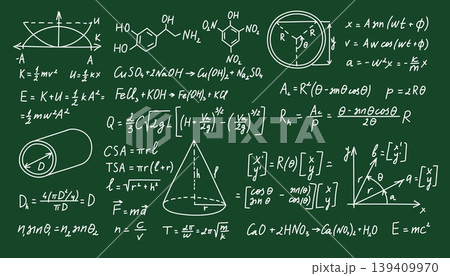 Blackboard with math and science formulas, chalk handwritten equations, geometry, chemistry and physics diagrams on green chalkboard, educational vector background for school Blackboard with math and science formulas, chalk handwritten equations, geometry, chemistry and physics diagrams on green chalkboard, educational vector background for school 139409970