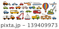 Colorful transport vector set with cute cars, truck, bus, taxi, police, ambulance, helicopter, airplane, balloon, boat and construction vehicles, hand drawn cartoon collection 139409973