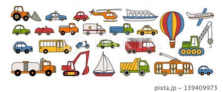 Colorful transport vector set with cute cars, truck, bus, taxi, police, ambulance, helicopter, airplane, balloon, boat and construction vehicles, hand drawn cartoon collection Colorful transport vector set with cute cars, truck, bus, taxi, police, ambulance, helicopter, airplane, balloon, boat and construction vehicles, hand drawn cartoon collection 139409973