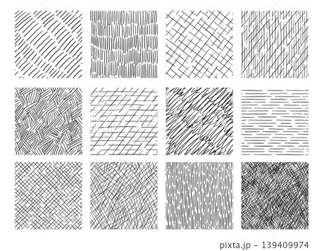 Pencil hatching seamless patterns with crosshatch, lines, stripes and scribble textures, hand drawn black and white sketch backgrounds, abstract geometric vector set 139409974