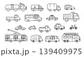 City transport doodle vector set with car, truck, van, bus, taxi, police car, trolleybus, ambulance, firetruck, bicycle and scooter, hand drawn urban vehicle outline icons 139409975