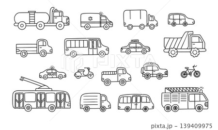 City transport doodle vector set with car, truck, van, bus, taxi, police car, trolleybus, ambulance, firetruck, bicycle and scooter, hand drawn urban vehicle outline icons 139409975