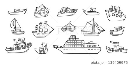 Ship vessel yacht boat sailboat doodle set with fishing trawler, ferry, cruise liner and tugboat, hand drawn marine transport collection for sea travel, navigation and maritime tourism 139409976