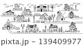 Town street houses and homes doodle cityscape panorama with village cottages, residential facades, trees, lamps and road, hand drawn black and white vector neighborhood banner 139409977