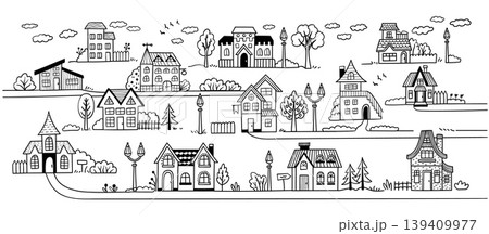 Town street houses and homes doodle cityscape panorama with village cottages, residential facades, trees, lamps and road, hand drawn black and white vector neighborhood banner 139409977