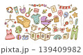 Baby shower cute hand drawn newborn icons for girl and boy gender reveal party, colorful vector set with stroller, cradle, teddy, bottle, pacifier, balloons, toys and clothes 139409982