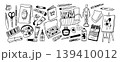 Art supplies doodle tools for painting, drawing and sketching, artist studio brushes, sketchbook, palette, easel, canvas, ink bottle, marker, pen, pencils and scissors, hand drawn vector 139410012