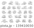 Japanese line sea waves. Ocean great kanagawa wave tattoo graphic, logo or emblem. Fresh water splashes maritime decoration, hand drawn river flow. Vintage nautical oriental labels. Vector set 139410030