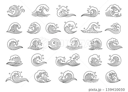 Japanese line sea waves. Ocean great kanagawa wave tattoo graphic, logo or emblem. Fresh water splashes maritime decoration, hand drawn river flow. Vintage nautical oriental labels. Vector set 139410030