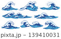Engraving waves. Ocean blue water surfing wave vintage hand drawn, foam and storm splashes doodle, nautical outline in ukiy o e Japanese sketch style. Marine retro woodcut vector isolated set 139410031